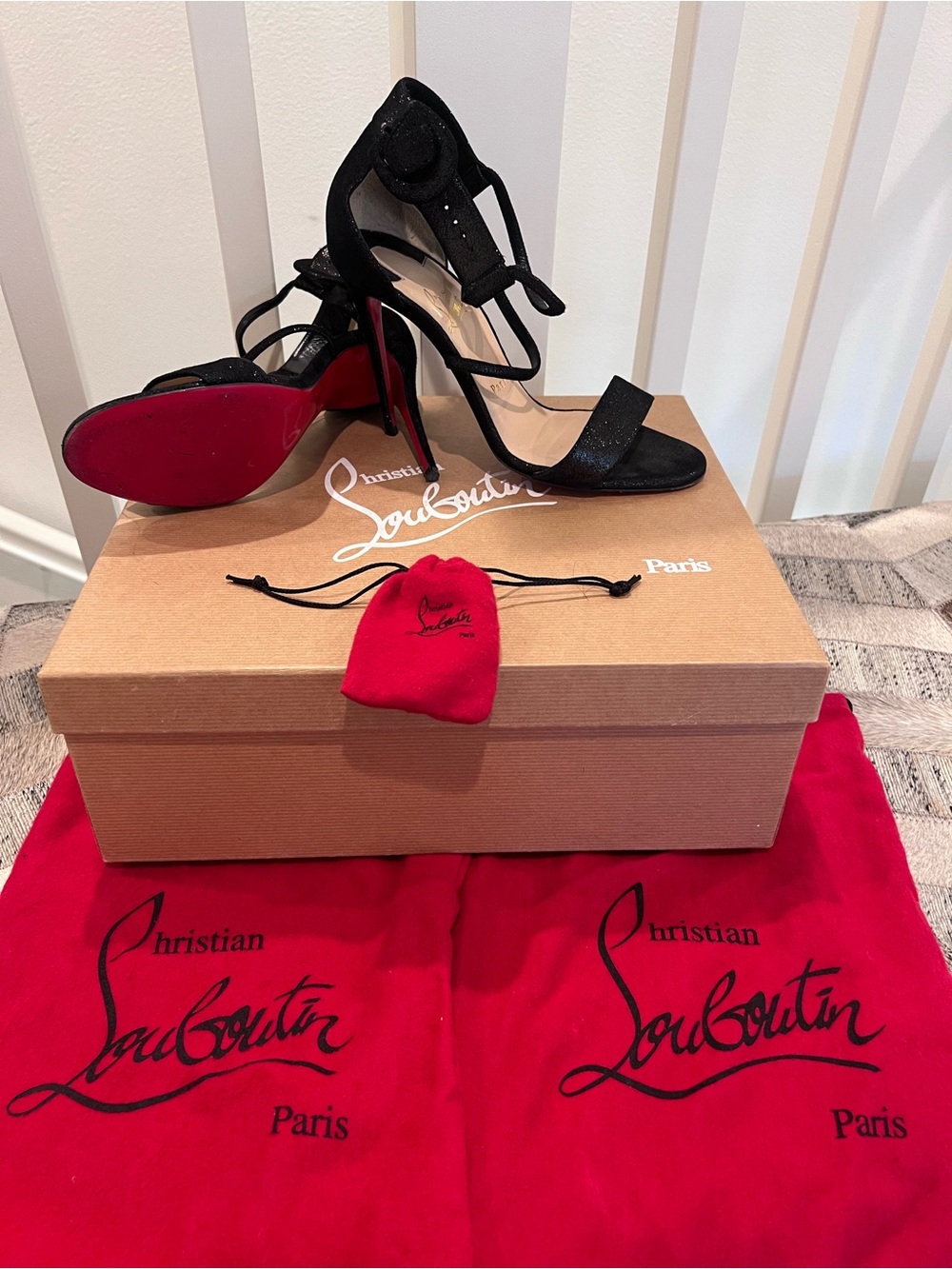 Christian Louboutin Black Suede Strappy High Heel Sandals with Red Soles